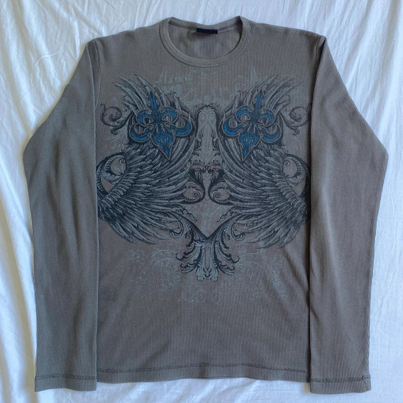 Pydshop Graphic Print O Neck Long Sleeve Oversized T-shirt 00s Vintage Emo Baggy Tops Y2K Cyber Grunge Clothes Harajuku Streetwear