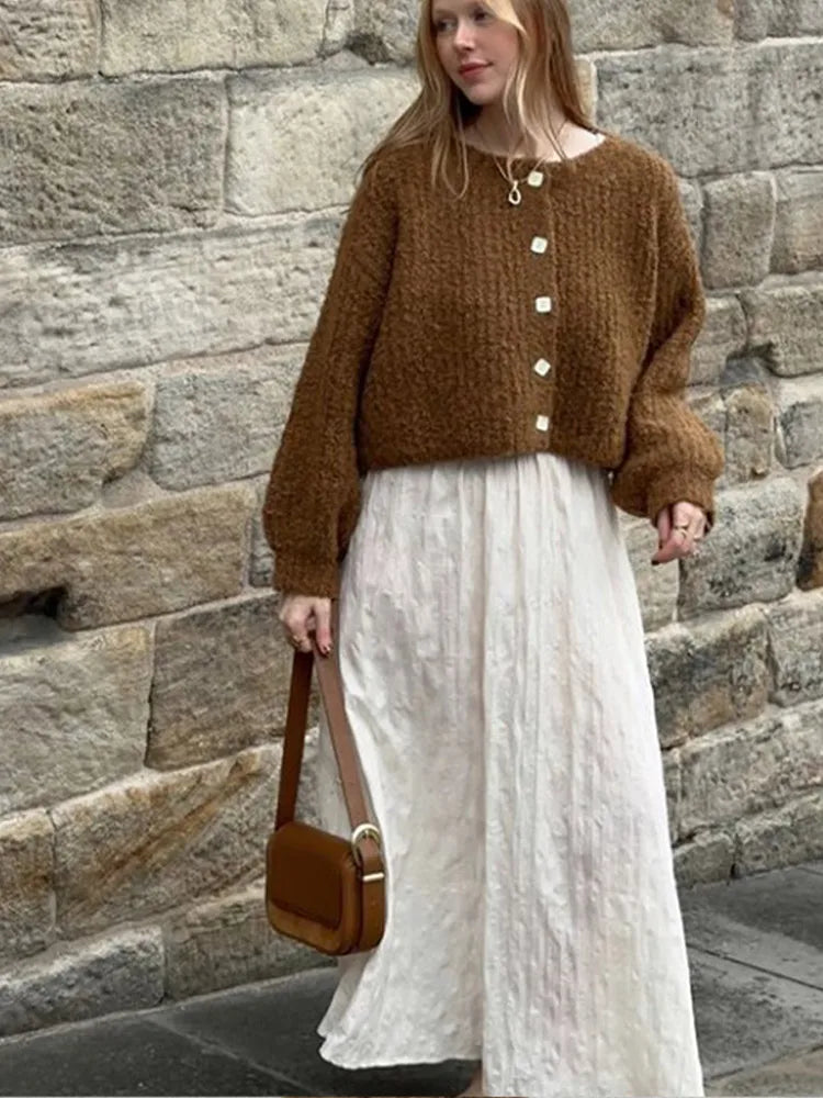 Pydshop Fashion Reddish Brown Warm Cardigan Sweater For Early Autumn 2024 Women Short Style New Winter High Street Loose Versatile Top