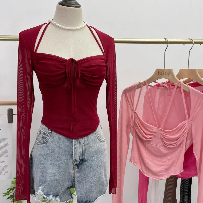 Pydshop Women Square Neck Tie Halter Mesh See Through Long Sleeve T-shirt Sexy Lce Up Slim Fit Short Slit Cuff Top PartyClub Streetwear