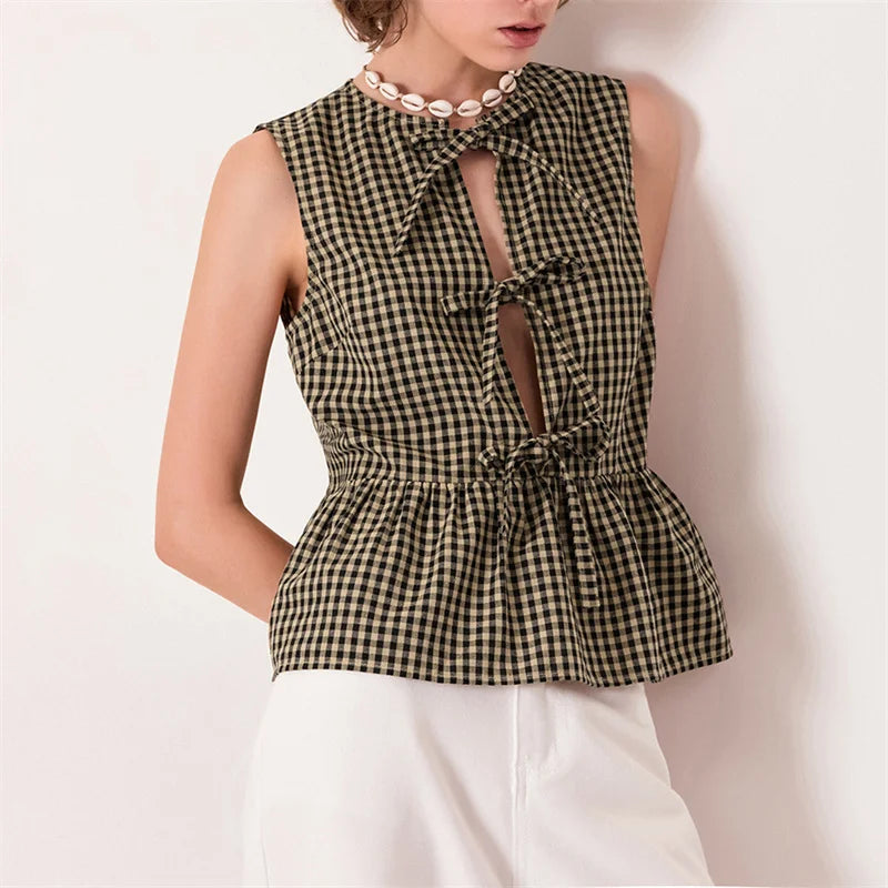 Pydshop 2000s Retro Plaids Bow Tied Front Bodydoll Tank Tops Women's Sleeveless Round Neck Ruffle Hem Vest Summer Stylish Tops