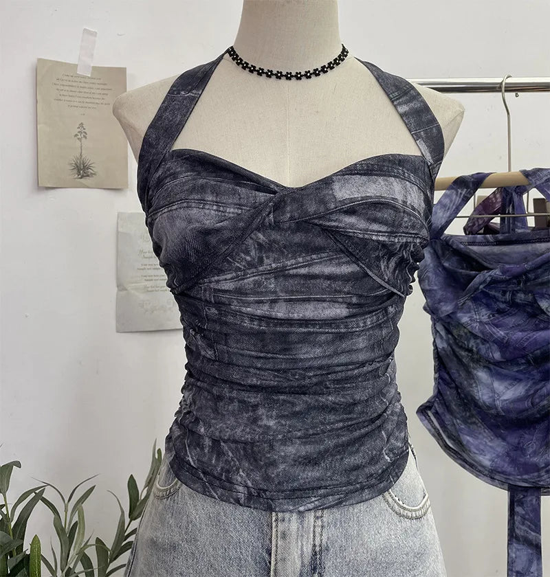 Pydshop Tie Dye Denim Print Pleated Mesh Camisole Women's Halter Tie Bow Halter Crop Top Cute Party Sweats Holiday Mini Vest Summer Tee