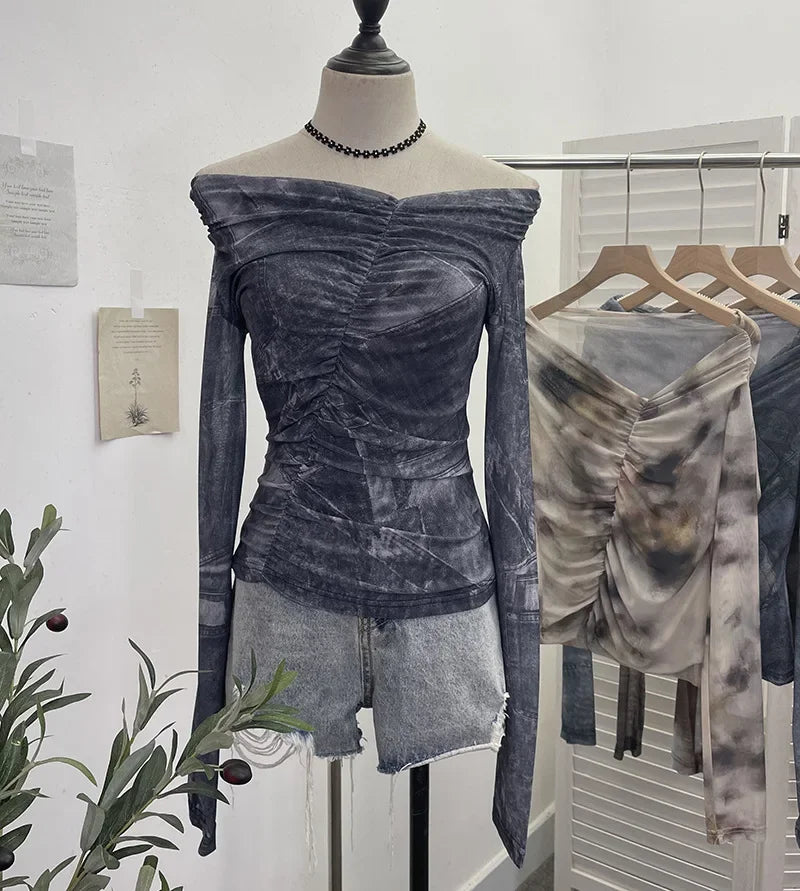Pydshop Women's Retro One Shoulder Tie Dye Print Mesh Long Sleeve Top Irregular Pleated Slim T-shirt Blouse PartyClub Wear Streetwear