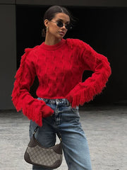 Pydshop Splice Tassel Short Knitted Top Female Solid Slim Fit Long Sleeves Fashion Pullover Sweater Women's Autumn Winter Casual