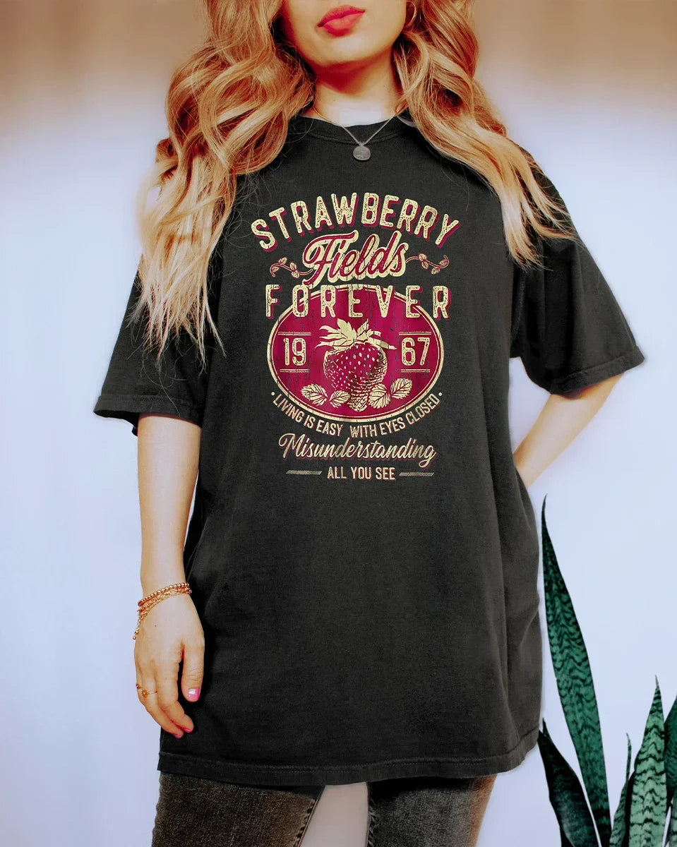 Pydshop Beatle Strawberry Fields Rock Band Tee Old School Short Sleeve Band Shirt Loose Casual Apparel Y2K Top Daily Trendy Streetwear