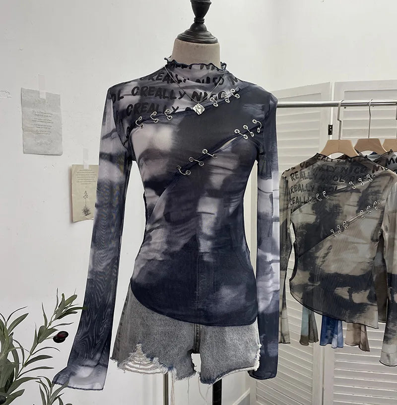 Pydshop Women's Retro Casual Bottom Long Sleeve T-Shirt Sexy Hollow Out Tie Dye Print Irregular Mesh Hot Girl Y2K Top Summer Party Shirt
