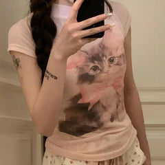 Pydshop Fashion Sweet Cute Cat Print O-neck Pink T-shirts Y2k Grunge Slim Fit Tops Women 2024 Summer New Short Sleeve Tee Shirt