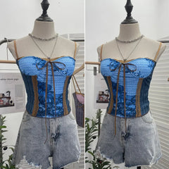 Pydshop Women Retro Ink Painting Adjustable Spaghetti Straps Camisole Bandeau Top With Padded Breasts Slim Fit Tube Top Party Streetwear