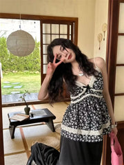 Pydshop Sweet Sexy V-neck Lace Patchwork Camisole for Women 2024 Summer New Print Tank Top Y2k E-Girl Slim Fit Sleeveles Tops Mujer