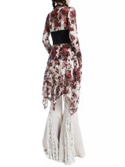 Pydshop Vintage Gothic Flower Tie Dye Lace Shirts Women Y2k Sexy V-neck Slim Fit  Up Blouses 2024  New Long Sleeve Cardigan Tops