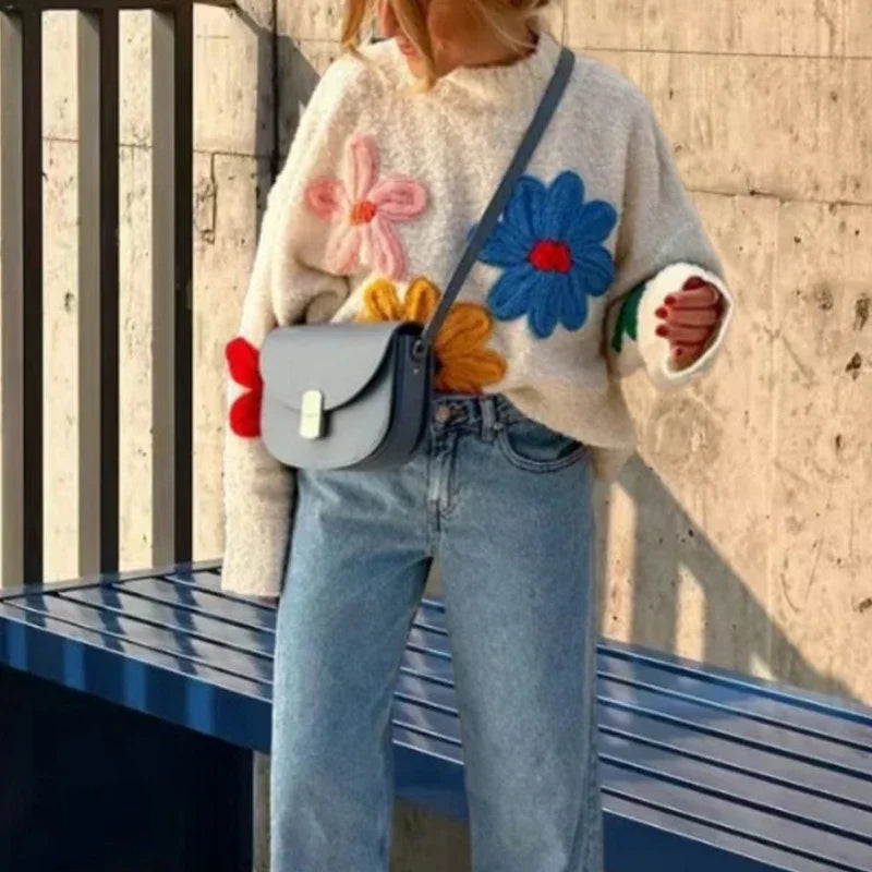 Pydshop Crochet Flower Pullover Knitted Sweater Women's Fashion Loose Lantern Long Sleeve Embroidery Knit Top Streetwear Fashion