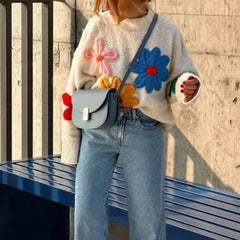 Pydshop Crochet Flower Pullover Knitted Sweater Women's Fashion Loose Lantern Long Sleeve Embroidery Knit Top Streetwear Fashion