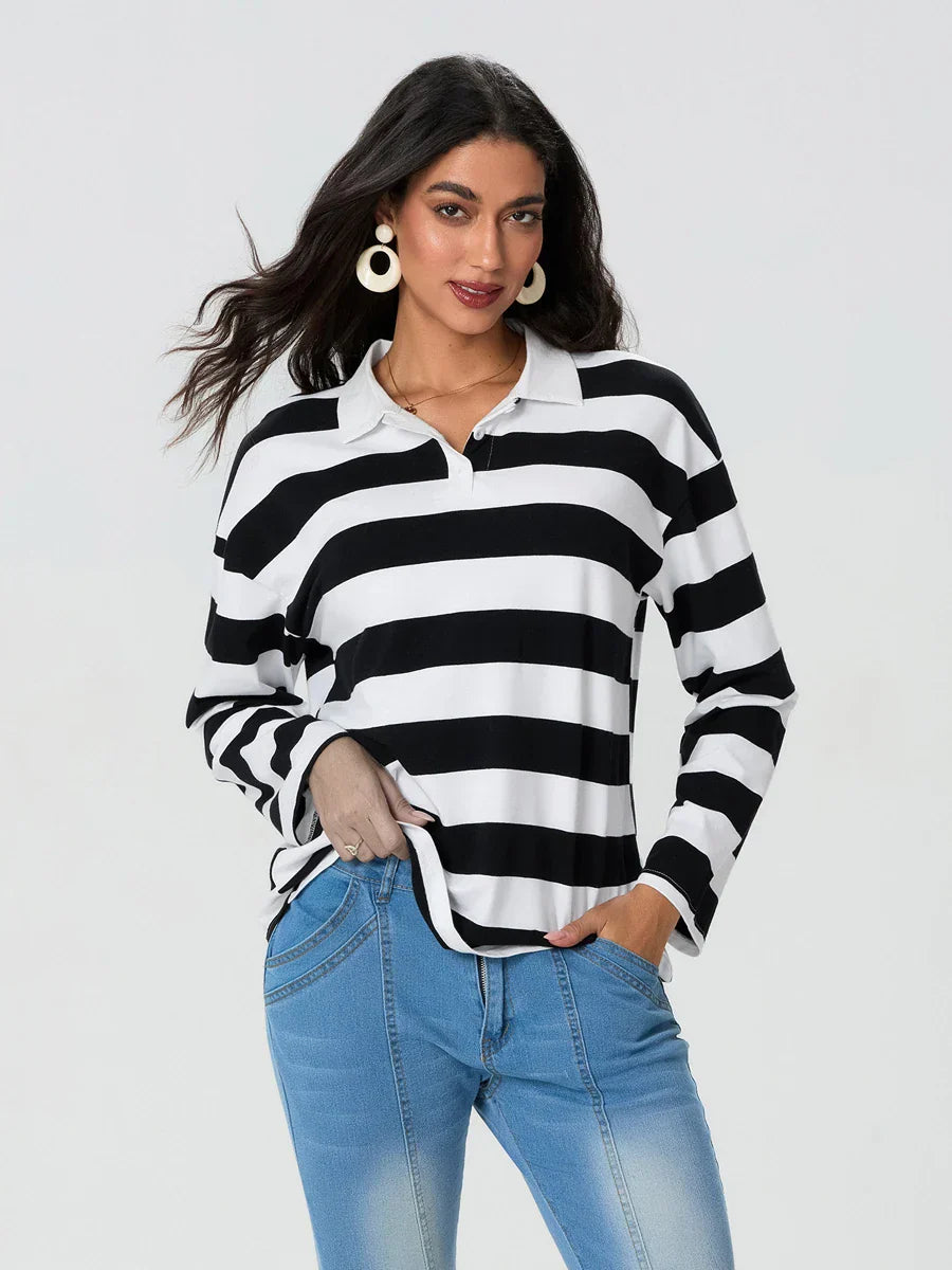 Pydshop Harajuku Striped Sweatshirt Women Y2k Preppy Style Turn-down Collar Loose Pullover Korean Fashion Sweatshirt Long Sleeve Tops