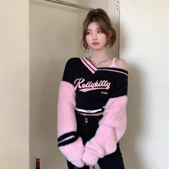 Pydshop Korean Sweet V-neck Off Shoulder Pullovers 2024 Autumn New Embroidery Lazy Tops Women Y2k E-Girl Long Sleeve Sweaters Mujer