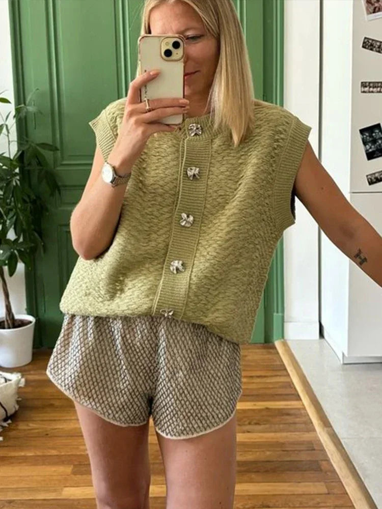 Pydshop Casual Knitted Vests Sweater For Women Fashion Button Sleeveless O-neck Cardigan Top Autumn 2024 Lady Versatile Knitwear