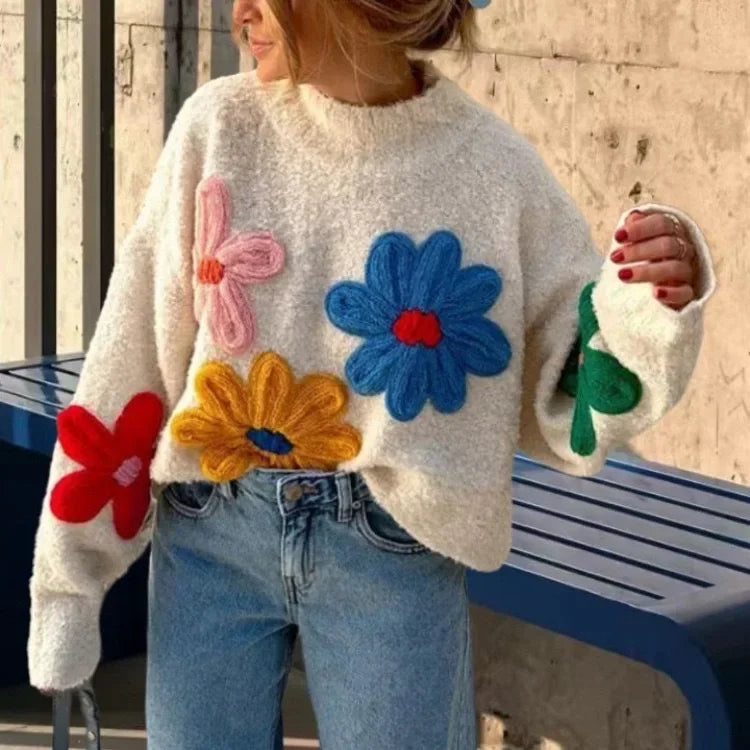 Pydshop Crochet Flower Pullover Knitted Sweater Women's Fashion Loose Lantern Long Sleeve Embroidery Knit Top Streetwear Fashion