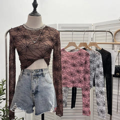 Pydshop Spider Print Mesh See Through Bottoming  Long Sleeve T-shirt Dark Hot Girl Slim Short Top y2k PartyClub Wear Daily Essential9908