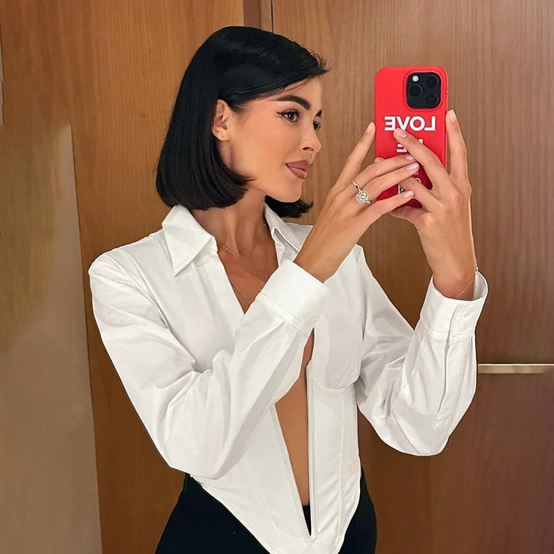 Pydshop Deep V Neck Cover-up Turn Collar Solid Crop Top