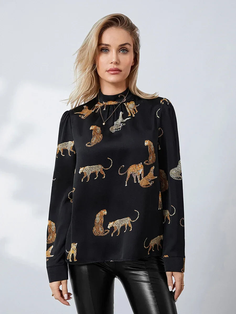 Pydshop Women's Autumn Blouses Retro Leopard Print Long Sleeve Mock Neck Pullover Tops OL Business Basic Shirts Party Clubwear