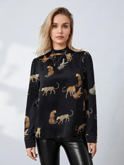 Pydshop Women's Autumn Blouses Retro Leopard Print Long Sleeve Mock Neck Pullover Tops OL Business Basic Shirts Party Clubwear