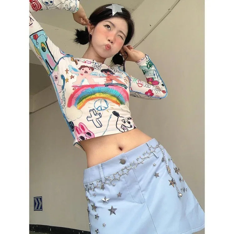 Pydshop Harajuku Kawaii Vintage Graffiti Print T-shirts Y2k Long Sleeve Bottoming Tops Women 204 Summer New O-neck Slim Fit Tee Shirt