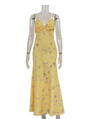 Yellow Print Elegant Spaghetti Strap Dress