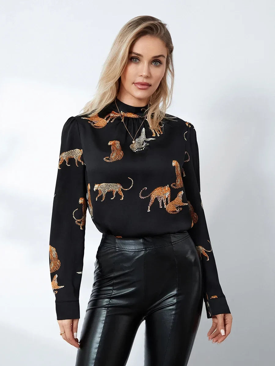 Pydshop Women's Autumn Blouses Retro Leopard Print Long Sleeve Mock Neck Pullover Tops OL Business Basic Shirts Party Clubwear