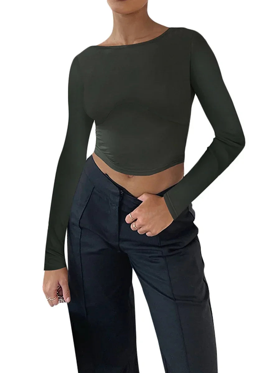 Pydshop 2024 Autumn Women Slim Fitted Long Sleeve T Shirt Casual Slim Crop Top Female Backless Tee Beach Sweat Top Streetwear