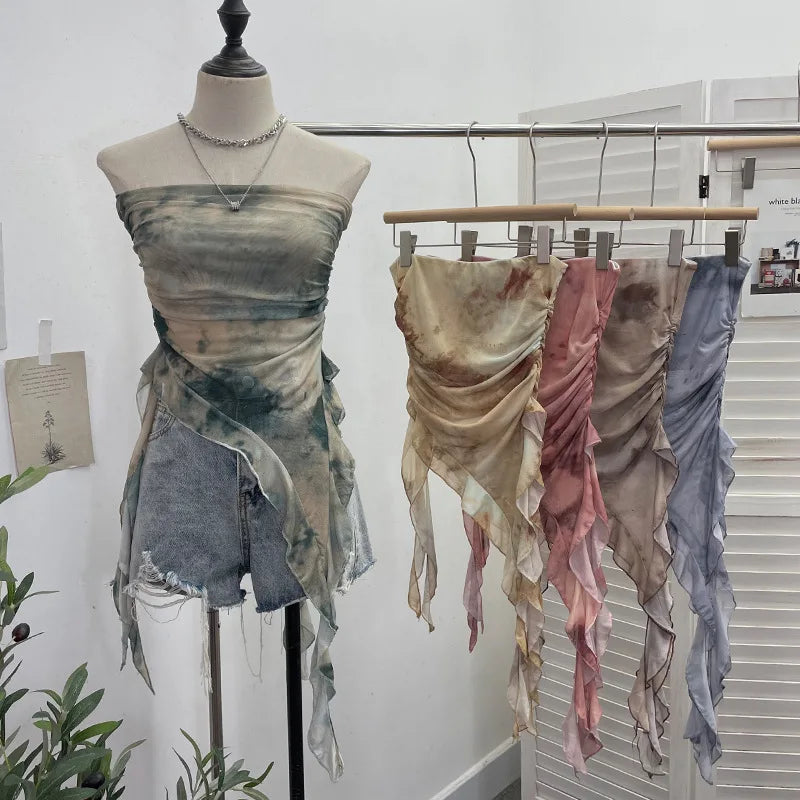 Pydshop Women's Tie Dye Ruffled Ribbon Mesh Tube Top Irregular Mesh Sleeveless Tube Top Sexy Backless Vest Party Leisure Essential Y2K