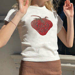 Pydshop Crop Top Women Shirt Women's Short Sleeve Skinny Strawberry Print Tee Oversized T-shirt Woman Y2k Clothes Tshirt Clothing