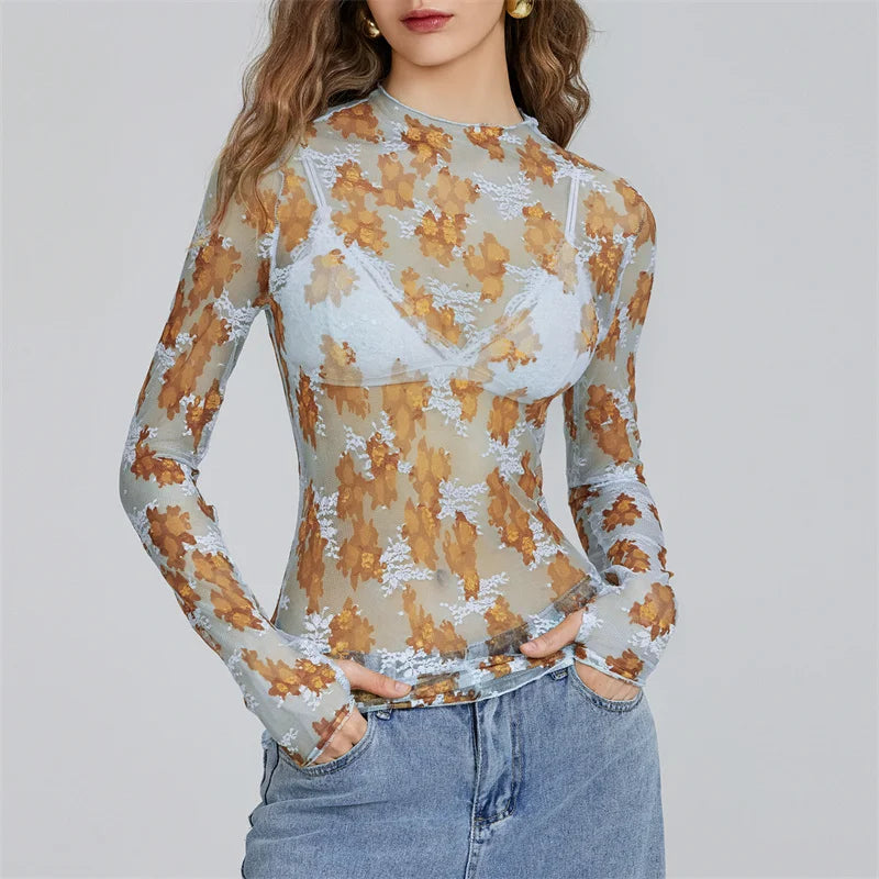 Pydshop Chic Sheer Tops for Women Long Sleeve Mock Neck Lace Mesh Top Sexy See Through Floral Tee Shirt Layering Blouse Y2k Streetwear