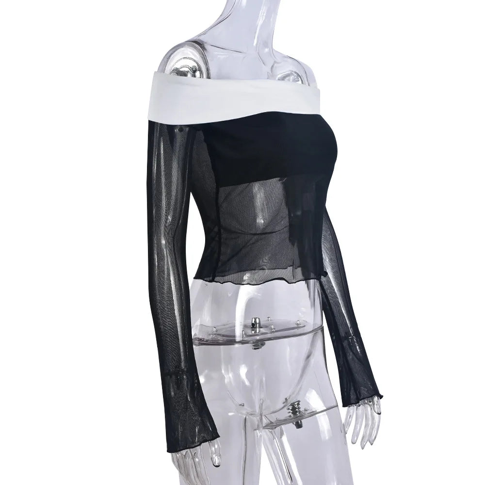 Pydshop Lace Splice Low Neck Off The Shoulders Sheer Top
