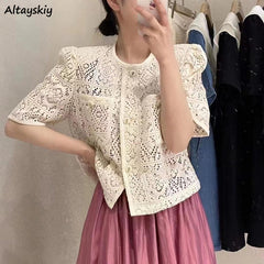 Pydshop Shirt Women Lace Solid Minimalist Hollow Out Popular Leisure Female Tender Korean Style Summer New Top