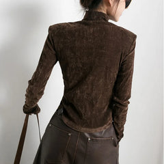 Pydshop Front Side-slit Solid Color Soft Long Sleeve Top