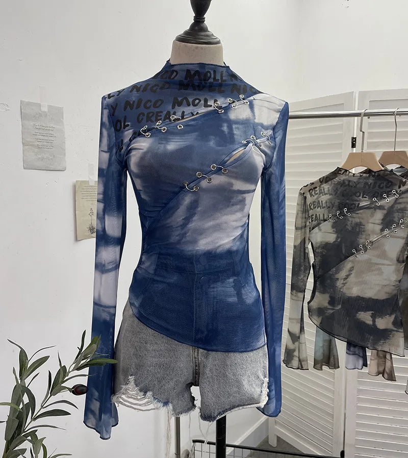 Pydshop Women's Retro Casual Bottom Long Sleeve T-Shirt Sexy Hollow Out Tie Dye Print Irregular Mesh Hot Girl Y2K Top Summer Party Shirt