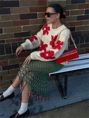 Pydshop Crochet Embroidered Sweater For Women 2024 Autumn Winter Fashion Loose Long Sleeve Knitted Pullover Top Female Casual