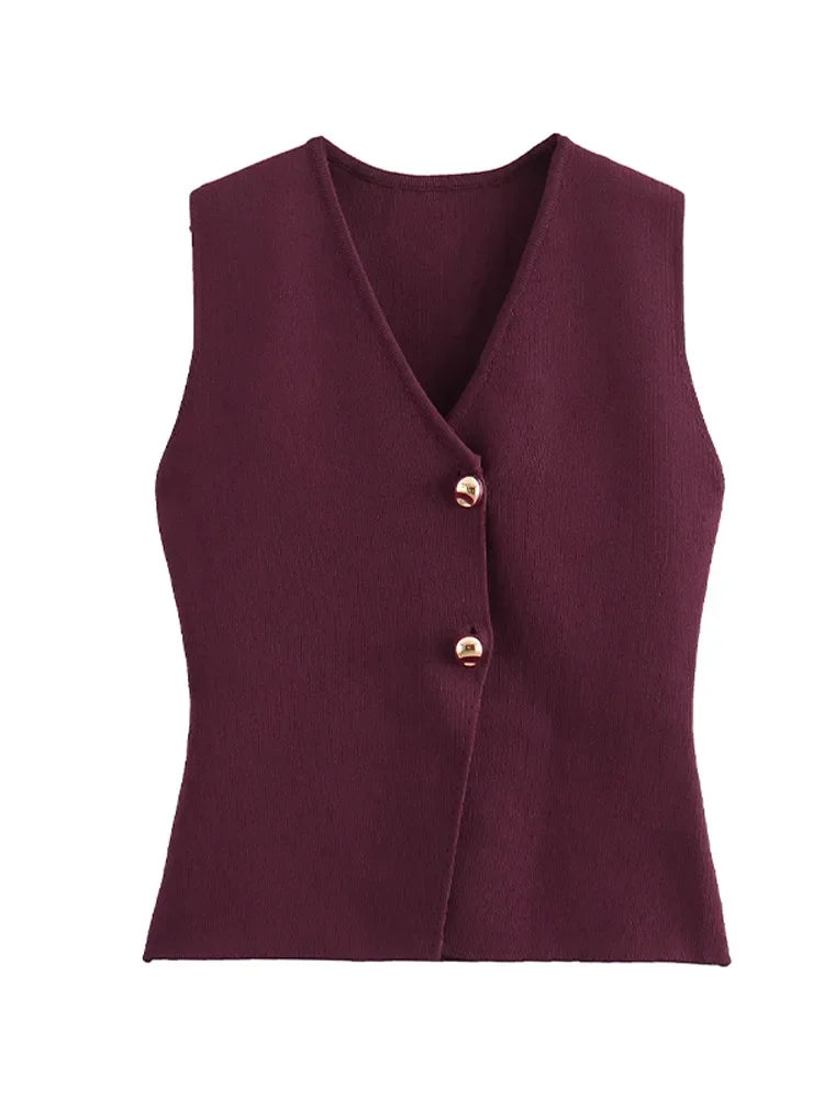 Pydshop Gold Buttons Knitted Tank Top For Women Fashion Solid Sleeveless Slim Fit Knitting Vest Cardigan Autumn New High Street Knitwear