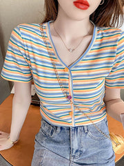 2022 Pydshop Casual Women T-Shirt Long Sleeve Korean Style Slim Basic Cotton Tshirt Striped Top Womens Clothing Spring T Shirt Femme