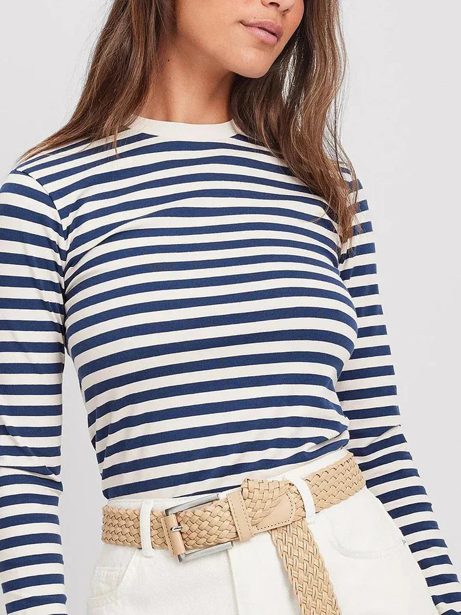 Pydshop Autumn Women Striped Long Sleeve Crop Top Casual Basic Tee Slim Fitted Crew Neck Pullover Tight Shirts Streetwear