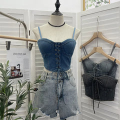 Pydshop Women  Women Sexy Chic Denim Crop Top Lace Up With Padded Adjustable Shoulder Straps Bow Short BandeauTop Summer Y2K Club Wear