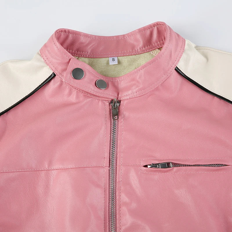 Pydshop 2024 Fashion Woman tops y2k style Pink Stripe Spliced Zip-Up PU Leather Jacket