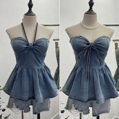 Pydshop Women's Button Down Padded Denim Tube Top With Bow Tie Halterneck Short Puffy Top BacklesVintage Harajuku Streetwear Tank Tops