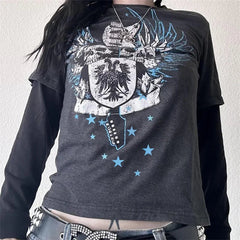 Pydshop Fairy Grunge Wing Skull Graphic T-Shirts Women Y2k Gothic Long Sleeve Tee Top Vintage Aesthetic Emo Clothes 2000s Streetwear