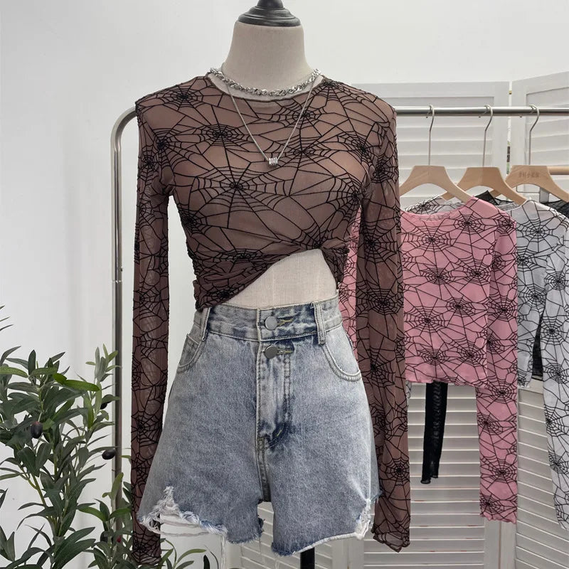 Pydshop Spider Print Mesh See Through Bottoming  Long Sleeve T-shirt Dark Hot Girl Slim Short Top y2k PartyClub Wear Daily Essential9908