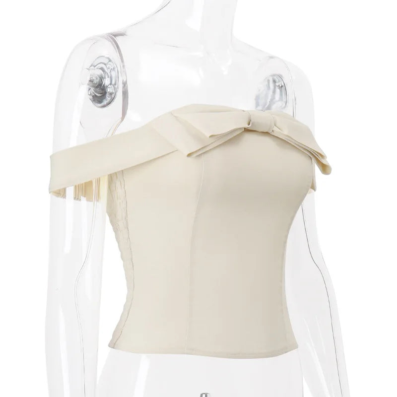 Pydshop Apricot Open-Shoulder Bow Lace Up Top