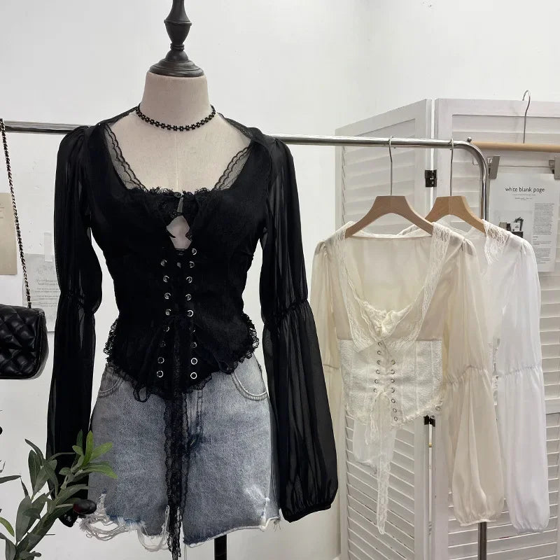 Pydshop Women Retro Lace Up Hollow Out Long Sleeve Top Sexy Slim Fitting Tie Waist Fishbone Shirt Y2K Palace Style Partyclub Streetwear