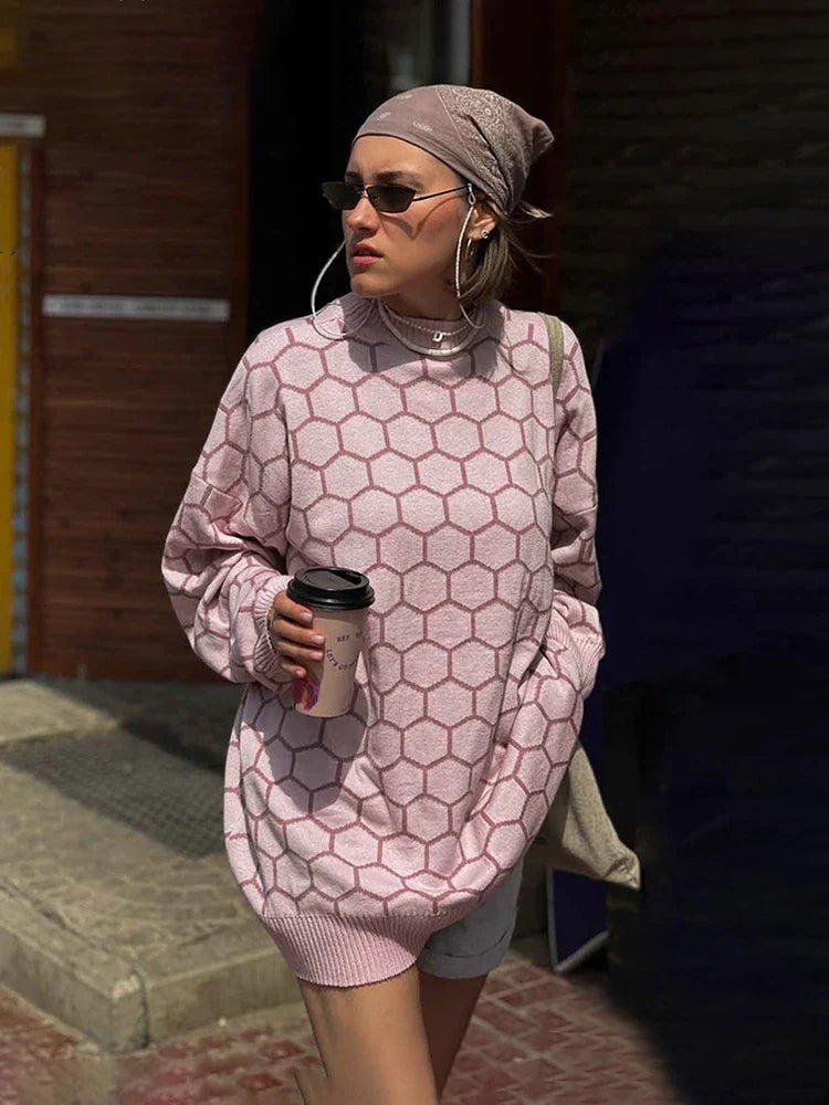 Pydshop Autumn New Pullover Sweater Women's Retro Plaid Print Loose Casual Knitted Top  Long Sleeve Round Neck Female Fashion