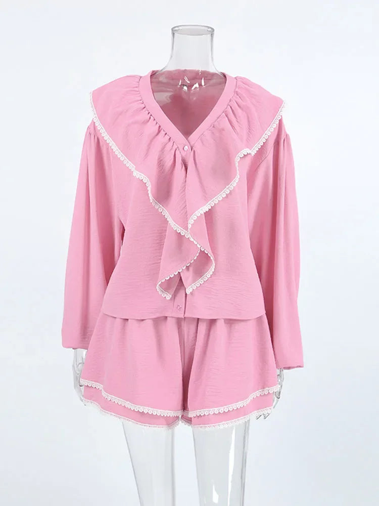 Pydshop Lace Ruffled Tops Shorts Fashion Set Ladies Pajamas Home Clothes Fashion Long Sleeve Top Cotton Casual Matching Sets Fall