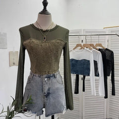 Pydshop Women Street Fake Two Piece Denim Splicing Mesh Long Sleeve Slim Fit Crop Top Y2K Top Casual Holiday PartyClub Streetwear 2623