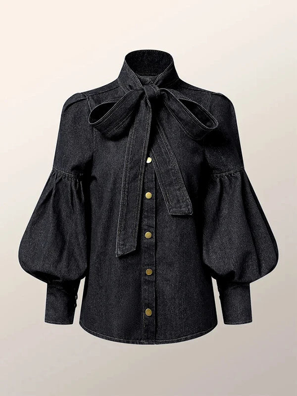 Pydshop Denim Puff Sleeve High Neck Top