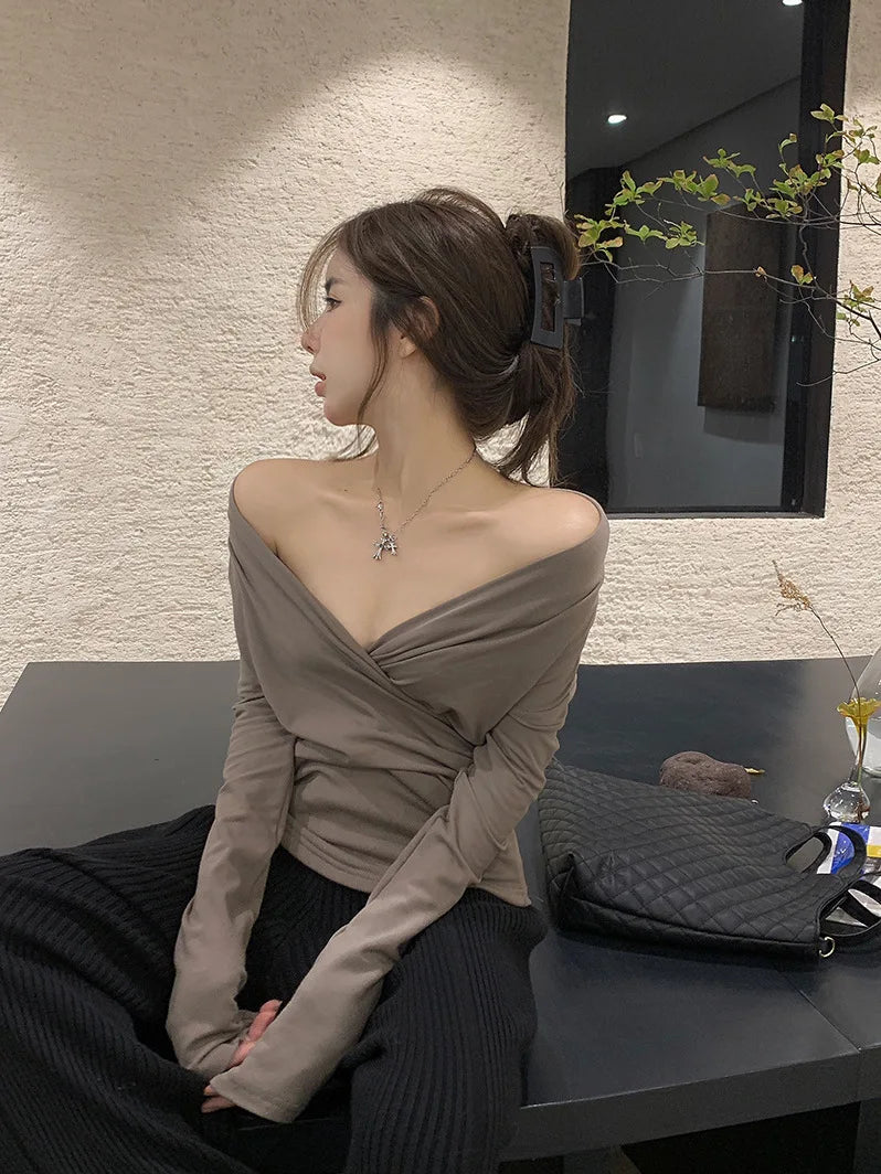 Pydshop Cross V-neck Pleated Bottom T-shirt For Women's Spring New Slim Fit And Slimming Temperament Long Sleeve Shirt Women Top 339Q